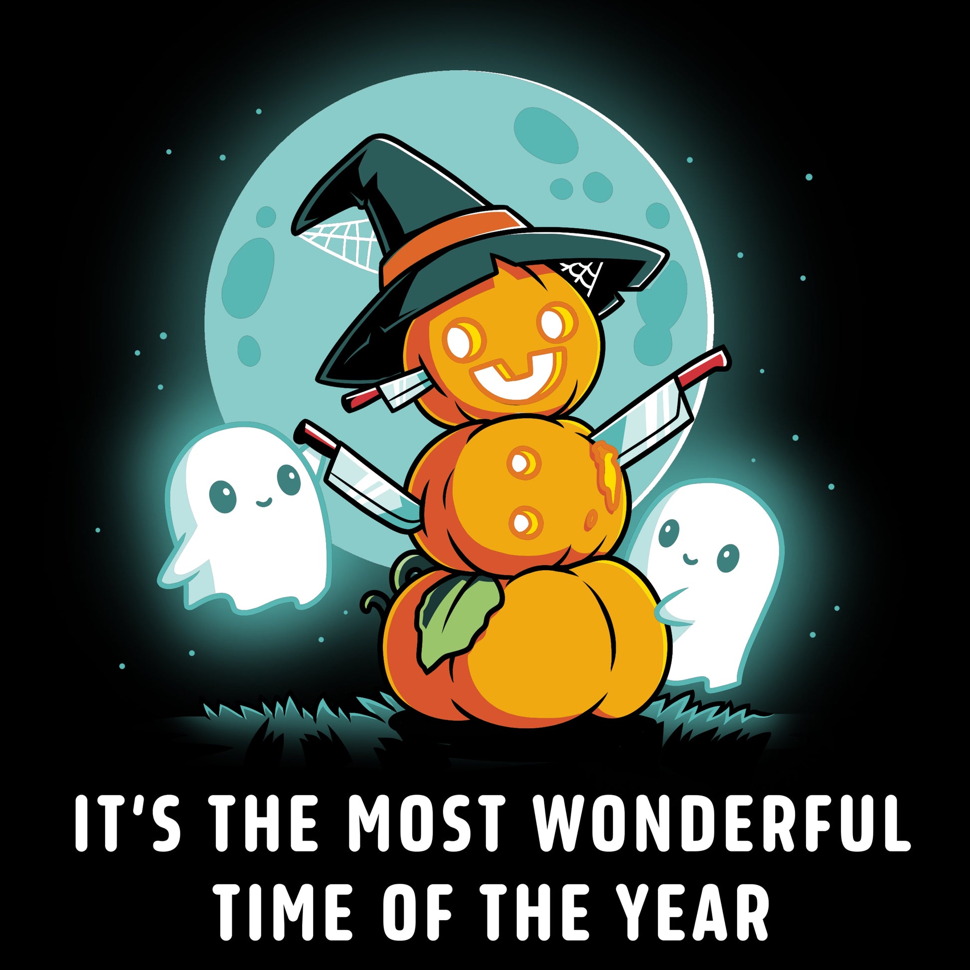 Premium Cotton T-shirt_TeeTurtle black The Most Wonderful Time of the Year. Featuring a snowman made out of pumpkins with knives sticking out of it surrounded by ghosts.