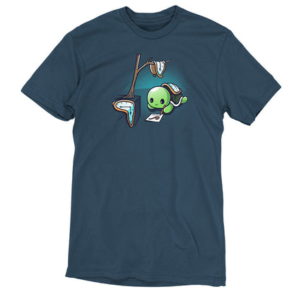 Premium Cotton T-shirt_TeeTurtle The Persistence of Drawing denim t-shirt featuring a turtle drawing while surrounded by melting clocks.