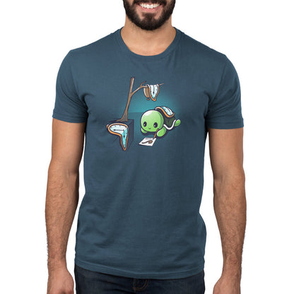 Premium Cotton T-shirt_TeeTurtle The Persistence of Drawing denim t-shirt featuring a turtle drawing while surrounded by melting clocks.