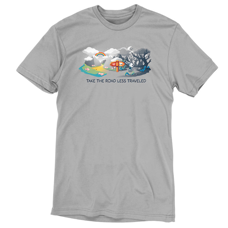 Premium Cotton T-shirt_TeeTurtle The Road Less Traveled silver gray t-shirt featuring an illustration of a rabbit at a crossroads, one path leading to a vibrant, colorful landscape under a rainbow, and the other to a dark forest; text below reads "TAKE THE ROAD LESS TRAVELED." 