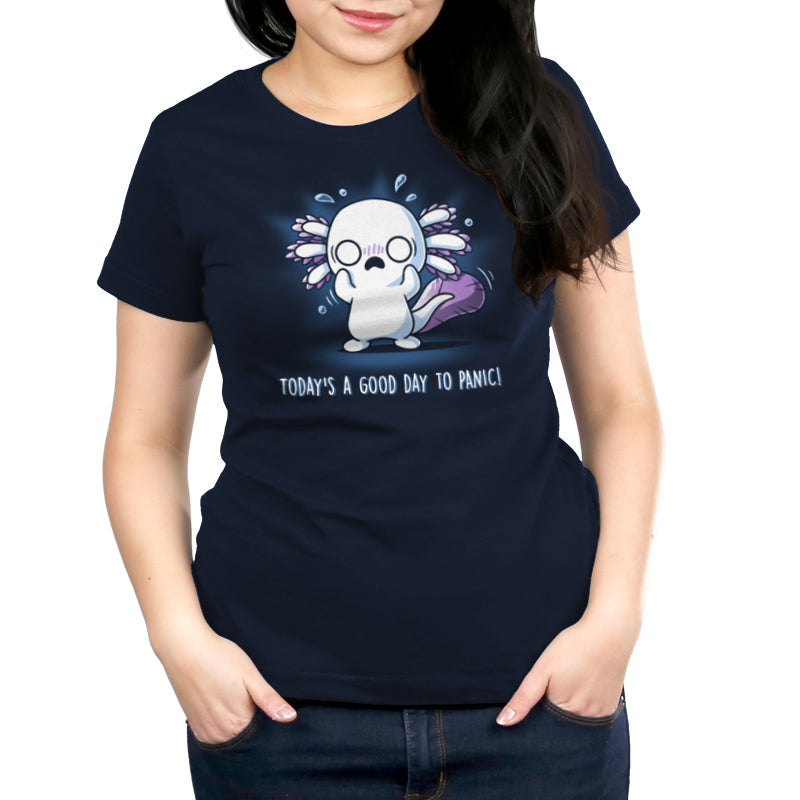 Premium Cotton T-shirt_TeeTurtle Today's a Good Day to Panic! navy blue shirt featuring an anxious axolotl with a panicked expression, standing with its hands up and sweating.