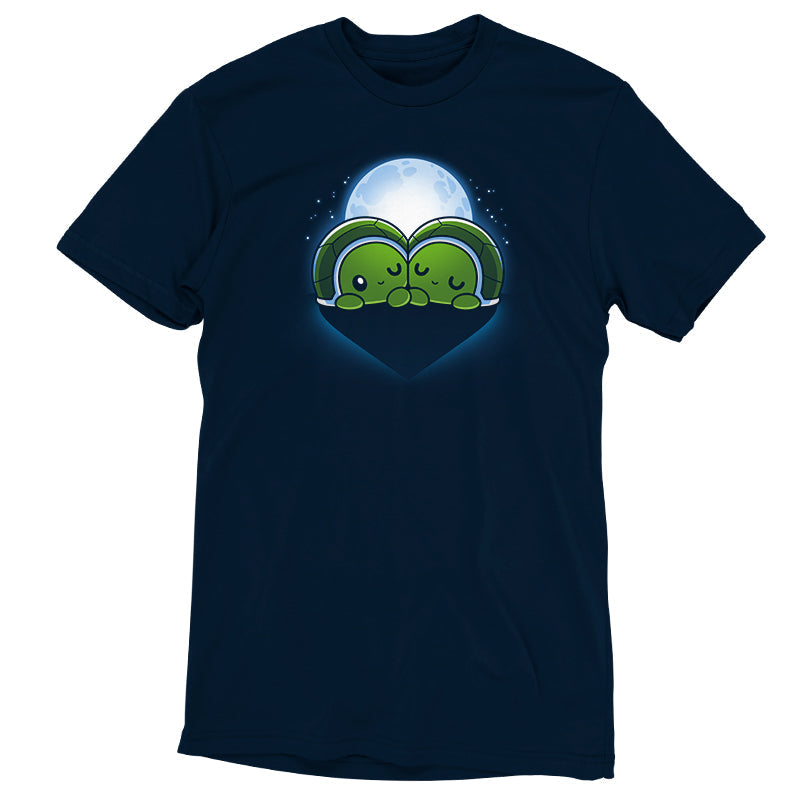 Premium Cotton T-shirt_TeeTurtle Turtlelly in Love navy blue t-shirt featuring two sweet turtles next to each other in front of a full moon. Their shells and shadow forms a heart shape.