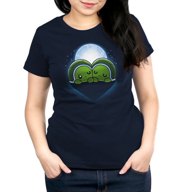 Premium Cotton T-shirt_TeeTurtle Turtlelly in Love navy blue t-shirt featuring two sweet turtles next to each other in front of a full moon. Their shells and shadow forms a heart shape.