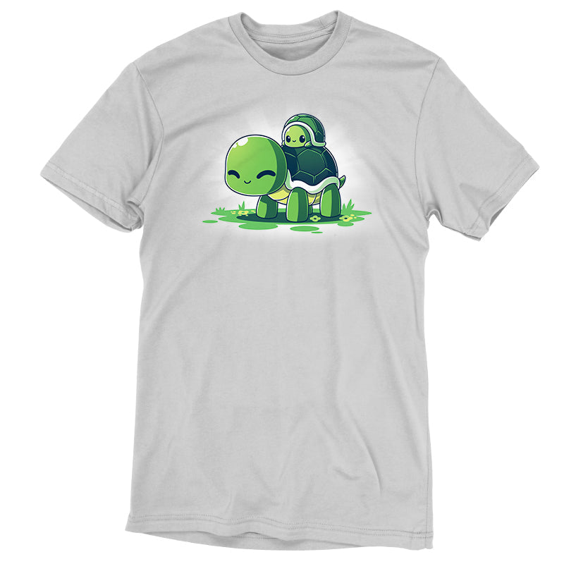 Premium Cotton T-shirt_TeeTurtle Turtleback Ride silver gray t-shirt featuring two smiling green turtles on top of grass and yellow flowers. The smaller turtle is on top of the larger turtle's shell. 