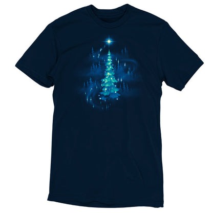 Premium Cotton T-shirt_TeeTurtle Twinkling Christmas Tree navy blue t-shirt featuring an artistic christmas tree with white sparkly lights surrounded by silhouettes of other trees and a star on top.