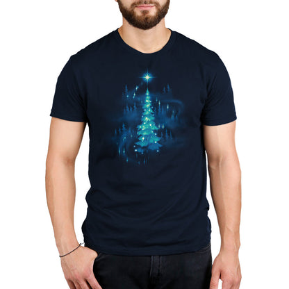 Premium Cotton T-shirt_TeeTurtle Twinkling Christmas Tree navy blue t-shirt featuring an artistic christmas tree with white sparkly lights surrounded by silhouettes of other trees and a star on top.