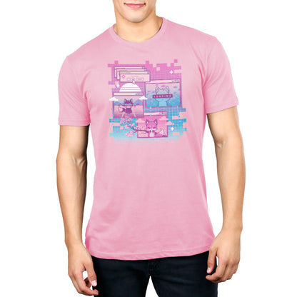 Premium Cotton T-shirt_TeeTurtle Vaporwave Fox light pink t-shirt featuring a video game computer screen of foxes.