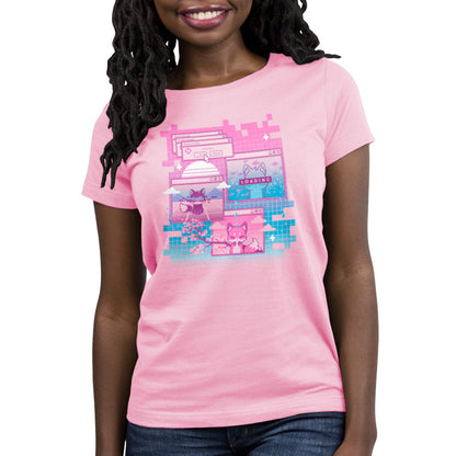 Premium Cotton T-shirt_TeeTurtle Vaporwave Fox light pink t-shirt featuring a video game computer screen of foxes.