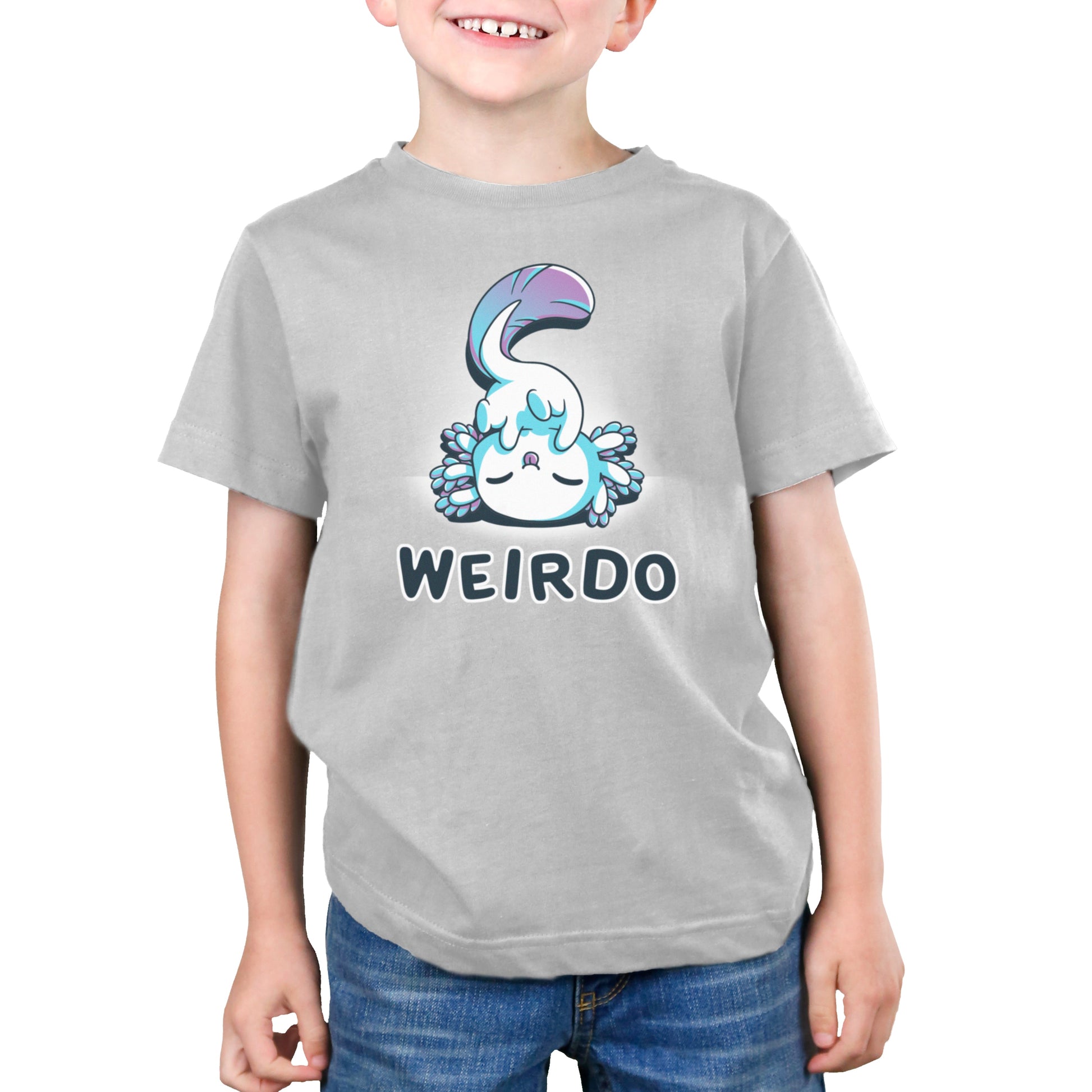 Premium Cotton T-shirt_TeeTurtle Weirdo Silver Gray t-shirt featuring an axolotl with a fluffy tail sticking their tongue out