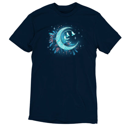 Premium Cotton T-shirt_TeeTurtle Winter Moon navy blue t-shirt featuring a magical glowing crescent moon adorned with floral patterns, bell flowers, pine cones, and evergreen branches against a dark celestial background. 