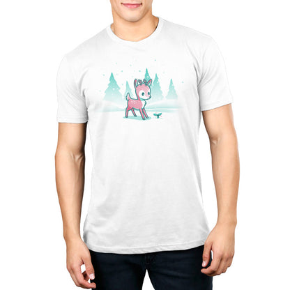 Premium Cotton T-shirt_TeeTurtle Winter Wonderland White t-shirt featuring a cartoon deer with small antlers stands in a snowy landscape with evergreen trees, looking curiously at a glowing sprout on the ground. Snowflakes are falling around them. 