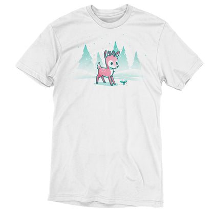 Premium Cotton T-shirt_TeeTurtle Winter Wonderland White t-shirt featuring a cartoon deer with small antlers stands in a snowy landscape with evergreen trees, looking curiously at a glowing sprout on the ground. Snowflakes are falling around them. 