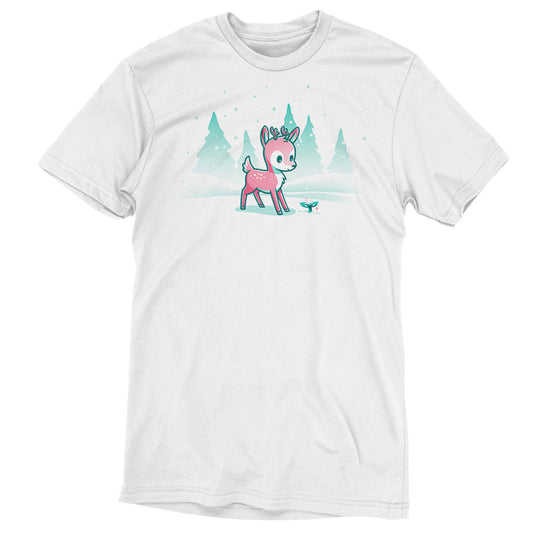 Premium Cotton T-shirt_TeeTurtle Winter Wonderland White t-shirt featuring a cartoon deer with small antlers stands in a snowy landscape with evergreen trees, looking curiously at a glowing sprout on the ground. Snowflakes are falling around them. 