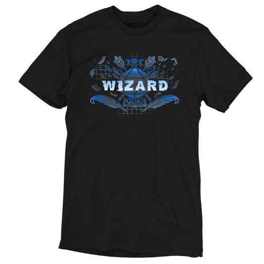 Premium Cotton T-shirt_TeeTurtle Wizard Class black t-shirt featuring the word wizard in blue with various symbols inside it, surrounded by wands, feathers, and gems. Behind it is a D20 dice above an open book.