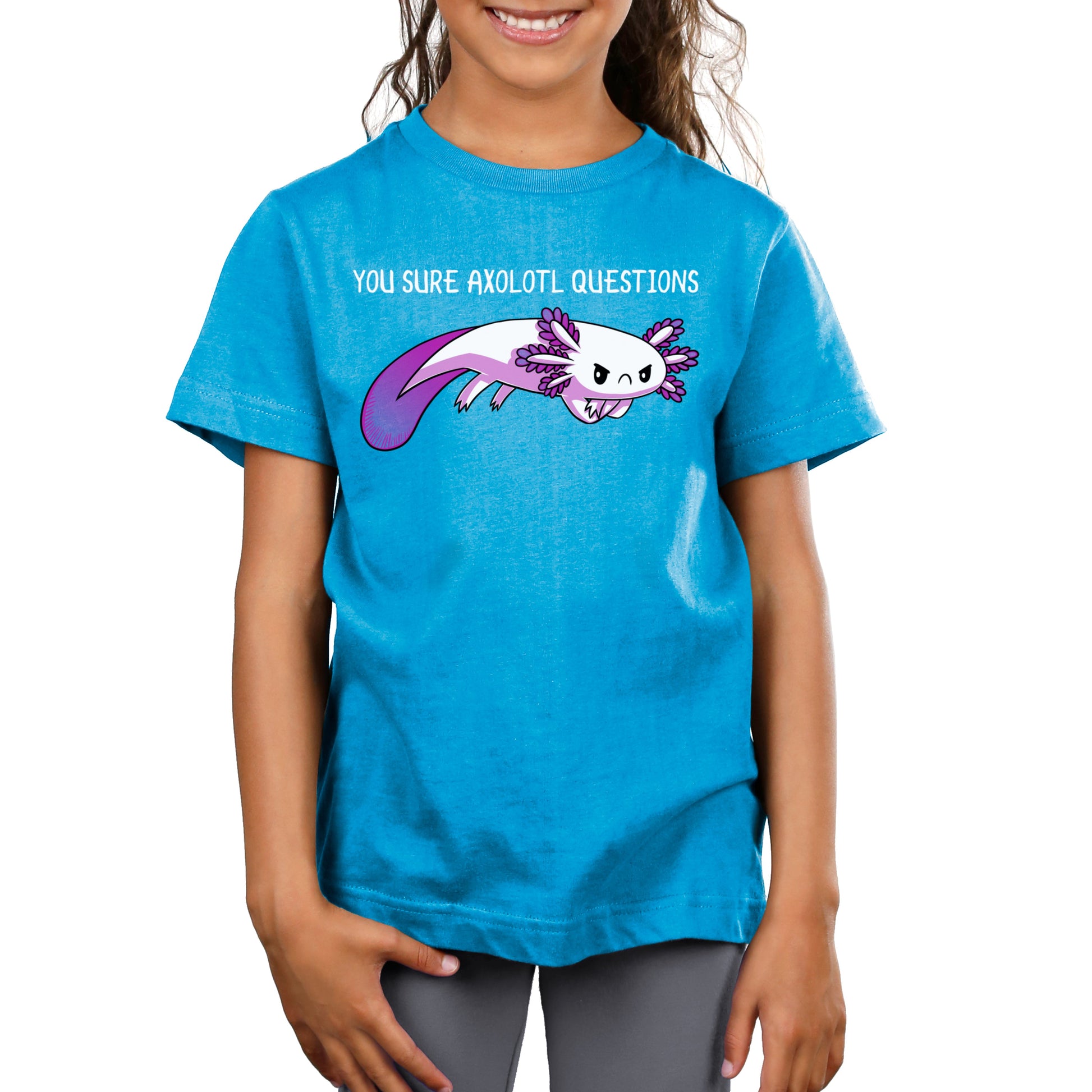 Premium Cotton T-shirt - A child wearing a cobalt blue apparel made from super soft ringspun cotton, featuring a cartoon axolotl and the text "YOU SURE AXOLOTL QUESTIONS" printed on it. The apparel is called You Sure Axolotl Questions by monsterdigital.