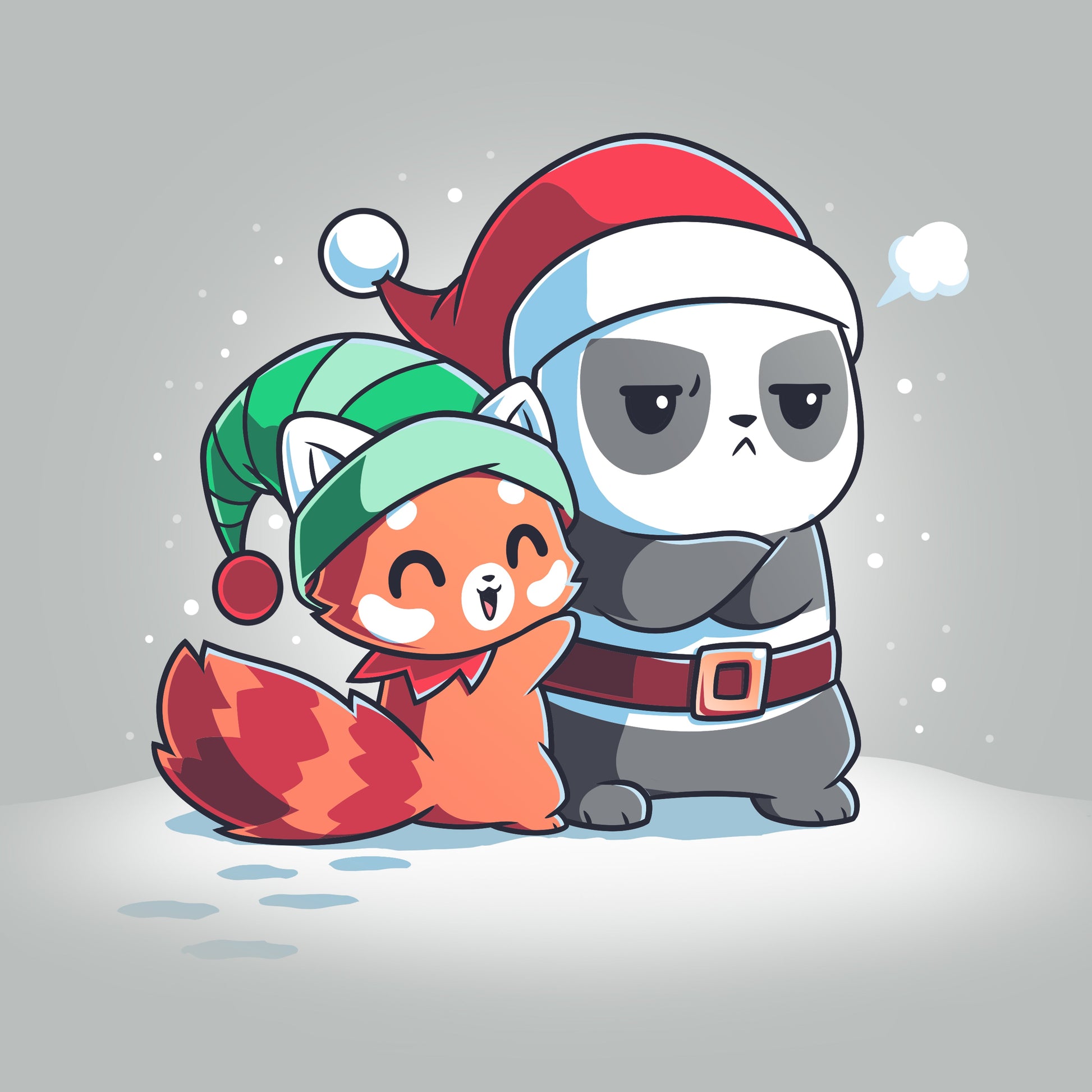 Premium Cotton T-shirt_Teeturtle Santa Hug silver gray t-shirt featuring a red panda wearing a green elf hat, hugging a grumpy panda dressed as Santa Claus on a snowy ground.