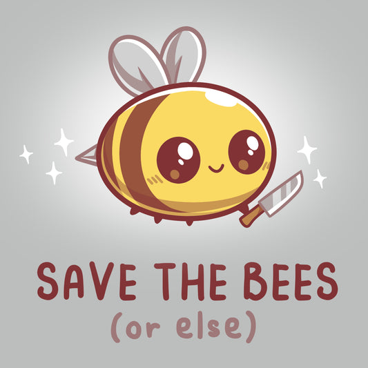 Premium Cotton T-shirt_TeeTurtle Save The Bees (or else) silver gray T-shirt featuring A bee with a knife and sparkles around it.