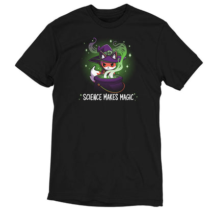 Premium Cotton T-shirt_TeeTurtle Science Makes Magic black t-shirt featuring a fantasy fox wearing a purple witch hat, stirring a cauldron with green smoke and sparkles rising. Text below reads, "SCIENCE MAKES MAGIC."