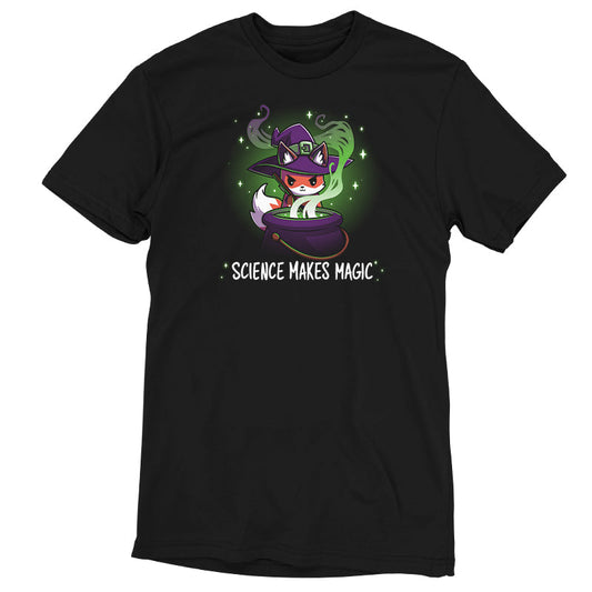 Premium Cotton T-shirt_TeeTurtle Science Makes Magic black t-shirt featuring a fantasy fox wearing a purple witch hat, stirring a cauldron with green smoke and sparkles rising. Text below reads, 