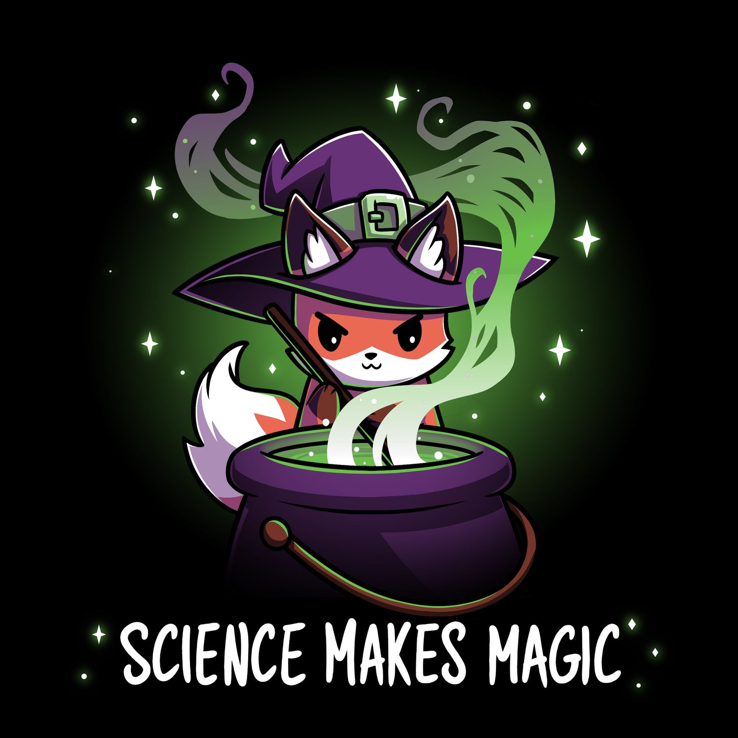 Premium Cotton T-shirt_TeeTurtle Science Makes Magic black t-shirt featuring a fantasy fox wearing a purple witch hat, stirring a cauldron with green smoke and sparkles rising. Text below reads, "SCIENCE MAKES MAGIC."