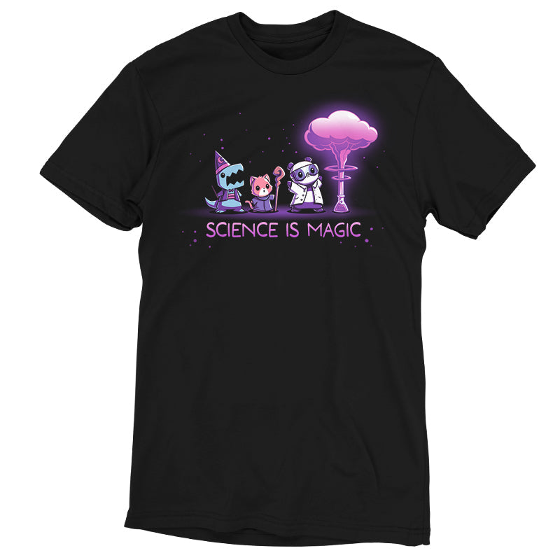 Premium Cotton T-shirt_TeeTurtle Science is Magic black t-shirt featuring a shark in a wizard costume, a red panda with a magic staff, and a panda in a lab coat who observe purple smoke emerging from a flask next to them. Text below reads "Science is Magic". 