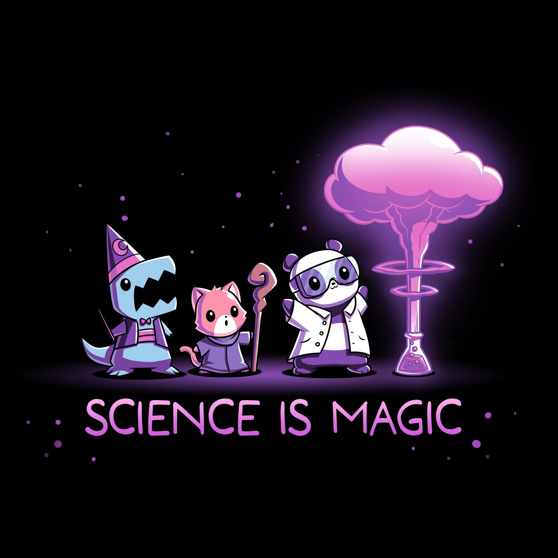 Premium Cotton T-shirt_TeeTurtle Science is Magic black t-shirt featuring a shark in a wizard costume, a red panda with a magic staff, and a panda in a lab coat who observe purple smoke emerging from a flask next to them. Text below reads "Science is Magic". 