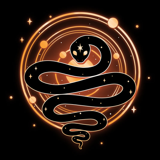 Premium Cotton T-shirt_TeeTurtle Serpent of Cosmos black t-shirt featuring a stylized black snake with white stars on its body who is coiled in front of a glowing circle with smaller orange circles and dots, resembling a cosmic or celestial symbol. 