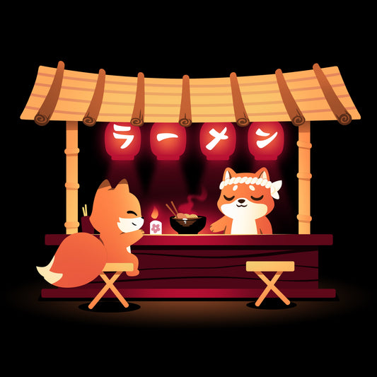 Premium Cotton T-shirt_TeeTurtle Shiba's Ramen Stall black t-shirt featuring an orange fox sitting being served by an orange shiba inu at a food stall. The stall is decorated with red lanterns and a bowl of steaming noodles is being served. 