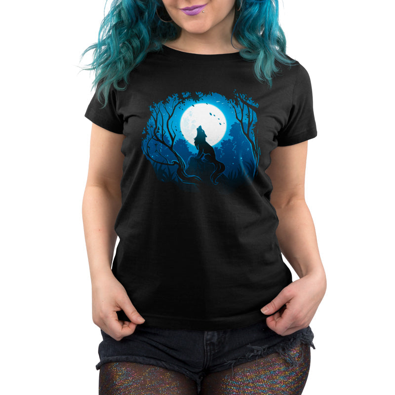 Premium Cotton T-shirt_TeeTurtle Moonlight Wolf black t-shirt featuring an artistic wolf howling at the full moon while sitting on a rock surrounded by trees.