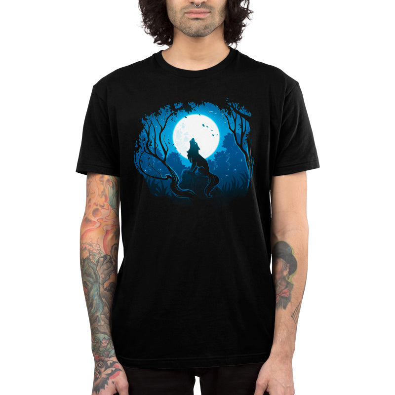 Premium Cotton T-shirt_TeeTurtle Moonlight Wolf black t-shirt featuring an artistic wolf howling at the full moon while sitting on a rock surrounded by trees.