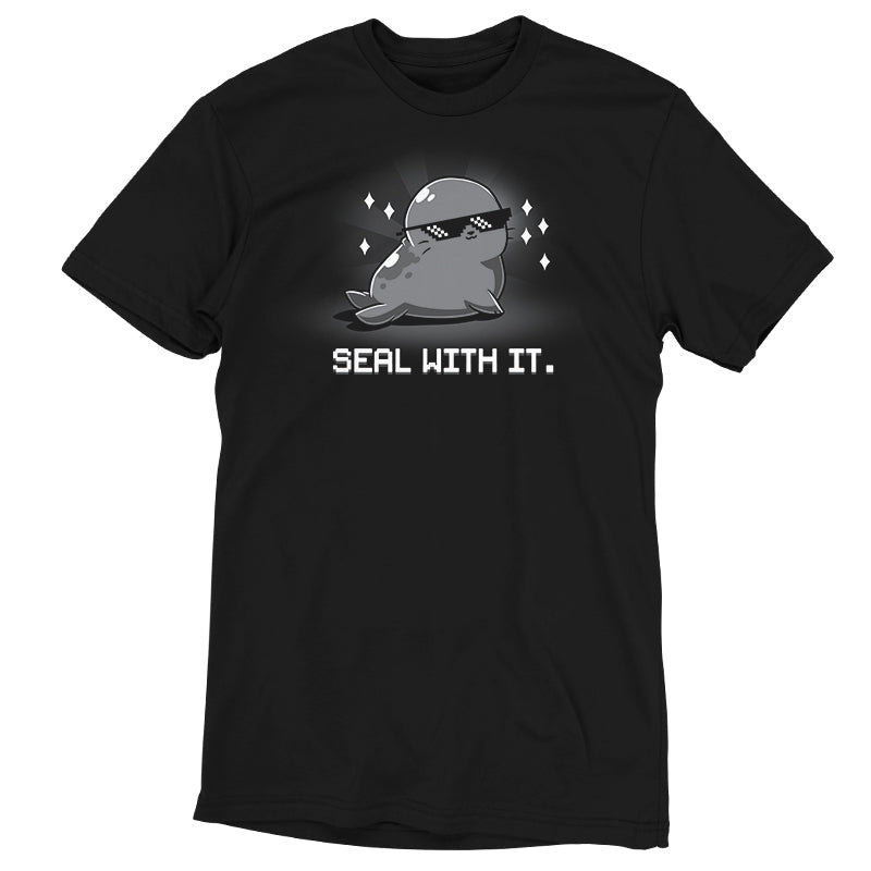 Premium Cotton T-shirt_Teeturtle Seal With It. Black Featuring a smug, sunglasses-wearing seal surrounded by sparkling diamonds with 'Seal with it.' written beneath.