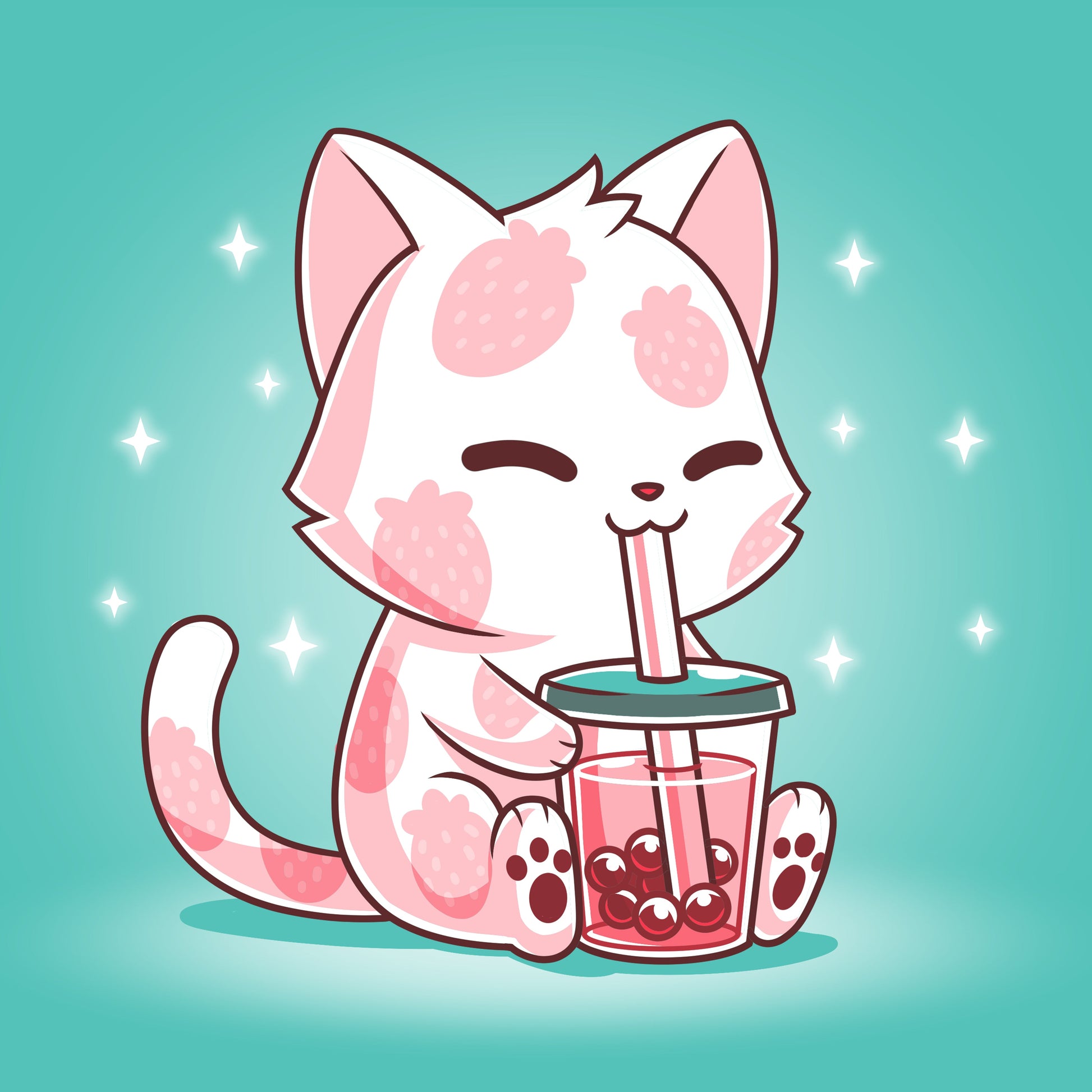 Premium Cotton T-shirt_TeeTurtle Strawberry Boba Cat Caribbean Blue t-shirt featuring a kawaii & sweet pink cat with strawberries on their fur while drinking a pink boba drink.