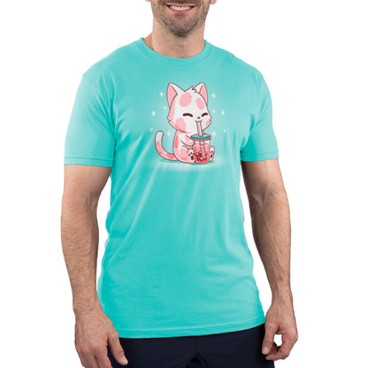 Premium Cotton T-shirt_TeeTurtle Strawberry Boba Cat Caribbean Blue t-shirt featuring a kawaii & sweet pink cat with strawberries on their fur while drinking a pink boba drink.