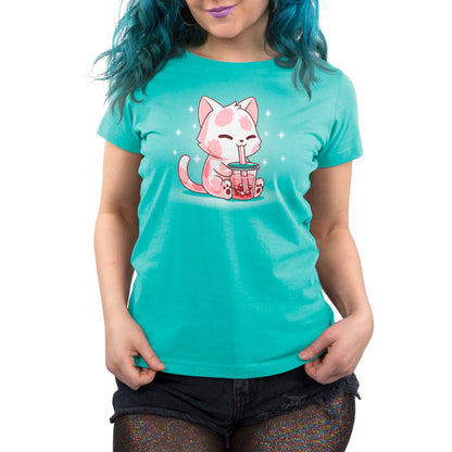 Premium Cotton T-shirt_TeeTurtle Strawberry Boba Cat Caribbean Blue t-shirt featuring a kawaii & sweet pink cat with strawberries on their fur while drinking a pink boba drink.