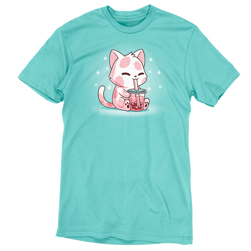 Premium Cotton T-shirt_TeeTurtle Strawberry Boba Cat Caribbean Blue t-shirt featuring a kawaii & sweet pink cat with strawberries on their fur while drinking a pink boba drink.