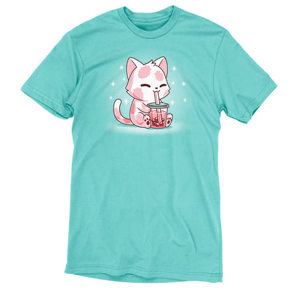 Premium Cotton T-shirt_TeeTurtle Strawberry Boba Cat Caribbean Blue t-shirt featuring a kawaii & sweet pink cat with strawberries on their fur while drinking a pink boba drink.