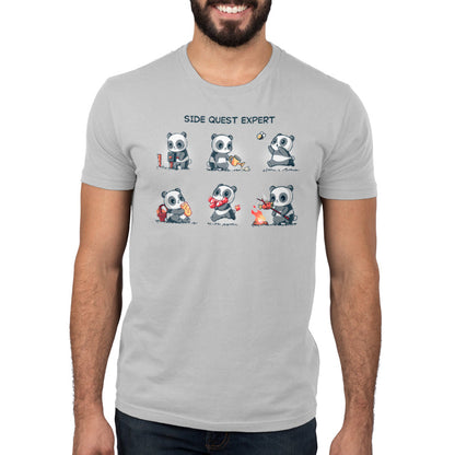 Premium Cotton T-shirt_TeeTurtle Side Quest Expert silver gray t-shirt featuring a panda engaging in various activities such as taking a photo, watering a plant, chasing a bee, gathering food, collecting apples, and cooking over a campfire.