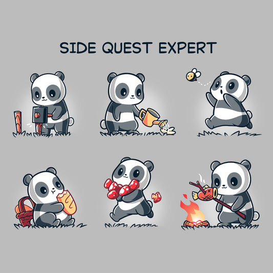 Premium Cotton T-shirt_TeeTurtle Side Quest Expert silver gray t-shirt featuring a panda engaging in various activities such as taking a photo, watering a plant, chasing a bee, gathering food, collecting apples, and cooking over a campfire.