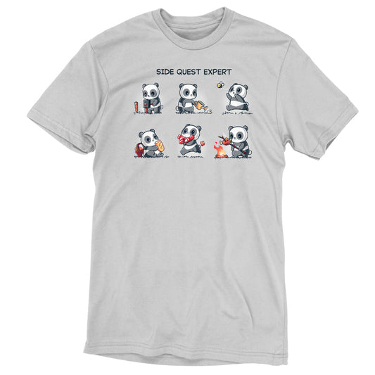 Premium Cotton T-shirt_TeeTurtle Side Quest Expert silver gray t-shirt featuring a panda engaging in various activities such as taking a photo, watering a plant, chasing a bee, gathering food, collecting apples, and cooking over a campfire.