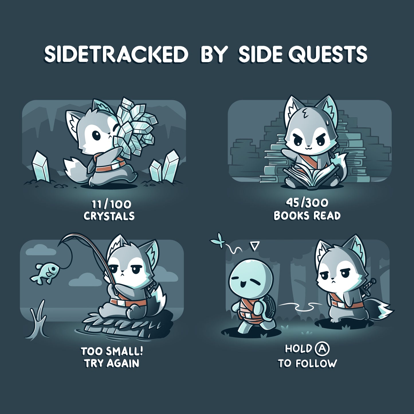 Premium Cotton T-shirt_TeeTurtle denim blue Sidetracked by Side Quests t-shirt featuring a wolf performing various video game side quests.