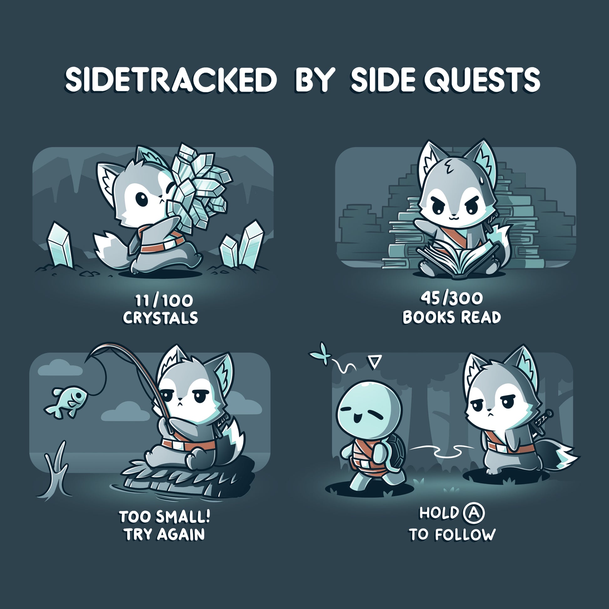 Premium Cotton T-shirt_TeeTurtle denim blue Sidetracked by Side Quests t-shirt featuring a wolf performing various video game side quests.