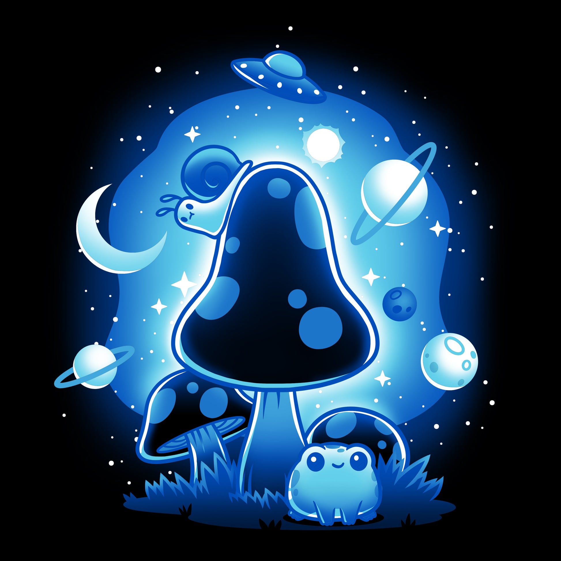 Premium Cotton T-shirt_TeeTurtle So Mushroom in Space black t-shirt featuring a glowing blue mushroom with a frog at its base, surrounded by planets, a crescent moon, stars, and a UFO in the night sky.