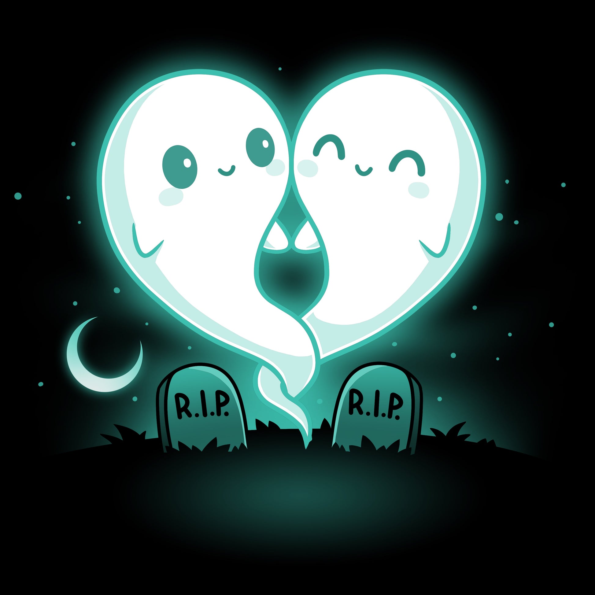 Premium Cotton T-shirt_TeeTurtle Soulmates black t-shirt featuring two glowing ghost figures, forming a heart shape, float above two gravestones that read "R.I.P."