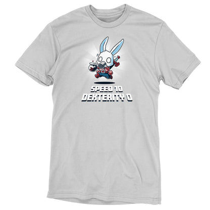 Premium Cotton T-shirt_Teeturtle Speed 10, Dexterity 0 silver gray t-shirt featuring a fantasy adventurer rabbit, their clothes stained with coffee running with jittery eyes while holding a coffee pot and drinking a mug of coffee with the words 'Speed 10 Dexterity 0.' written beneath the image.