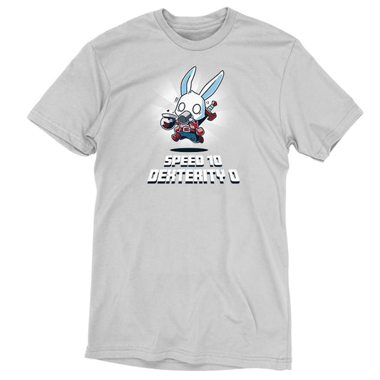 Premium Cotton T-shirt_Teeturtle Speed 10, Dexterity 0 silver gray t-shirt featuring a fantasy adventurer rabbit, their clothes stained with coffee running with jittery eyes while holding a coffee pot and drinking a mug of coffee with the words 'Speed 10 Dexterity 0.' written beneath the image.