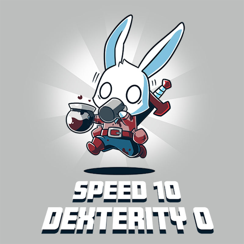 Premium Cotton T-shirt_Teeturtle Speed 10, Dexterity 0 silver gray t-shirt featuring a fantasy adventurer rabbit, their clothes stained with coffee running with jittery eyes while holding a coffee pot and drinking a mug of coffee with the words 'Speed 10 Dexterity 0.' written beneath the image.