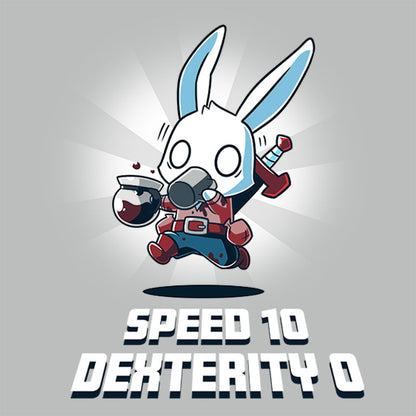 Premium Cotton T-shirt_Teeturtle Speed 10, Dexterity 0 silver gray t-shirt featuring a fantasy adventurer rabbit, their clothes stained with coffee running with jittery eyes while holding a coffee pot and drinking a mug of coffee with the words 'Speed 10 Dexterity 0.' written beneath the image.