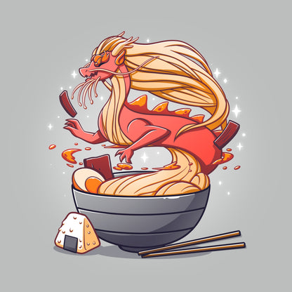 Premium Cotton T-shirt_TeeTurtle Spicy Ramen Dragon silver gray t-shirt featuring a red dragon made of noodles emerging from a bowl of ramen, with chopsticks on the side and a rice ball next to the bowl.