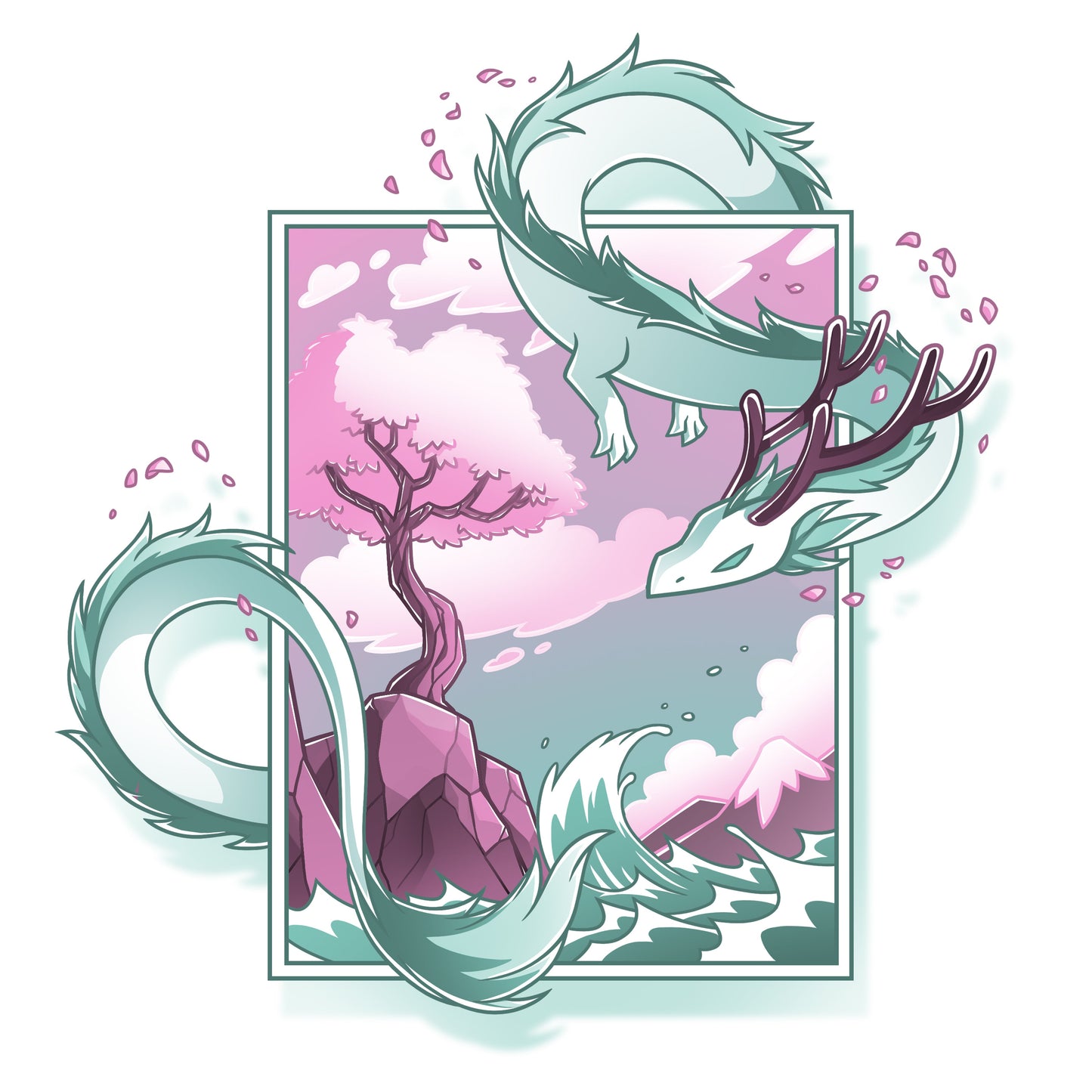 Premium Cotton T-shirt_TeeTurtle Spring Blossom Dragon white t-shirt featuring an artistic dragon surrounding a painting of a cherry blossom tree on a cliff next to the ocean.