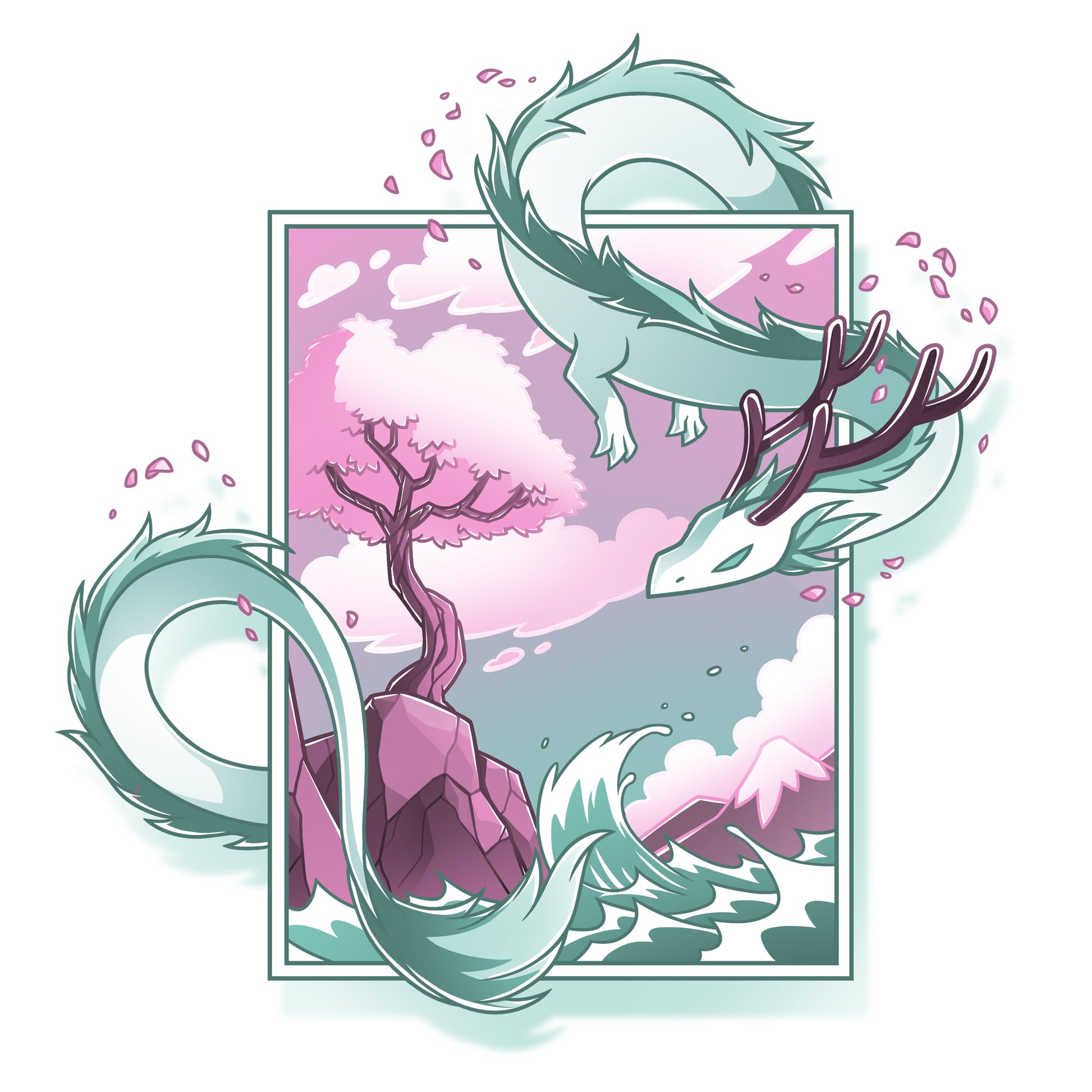 Premium Cotton T-shirt_TeeTurtle Spring Blossom Dragon white t-shirt featuring an artistic dragon surrounding a painting of a cherry blossom tree on a cliff next to the ocean.